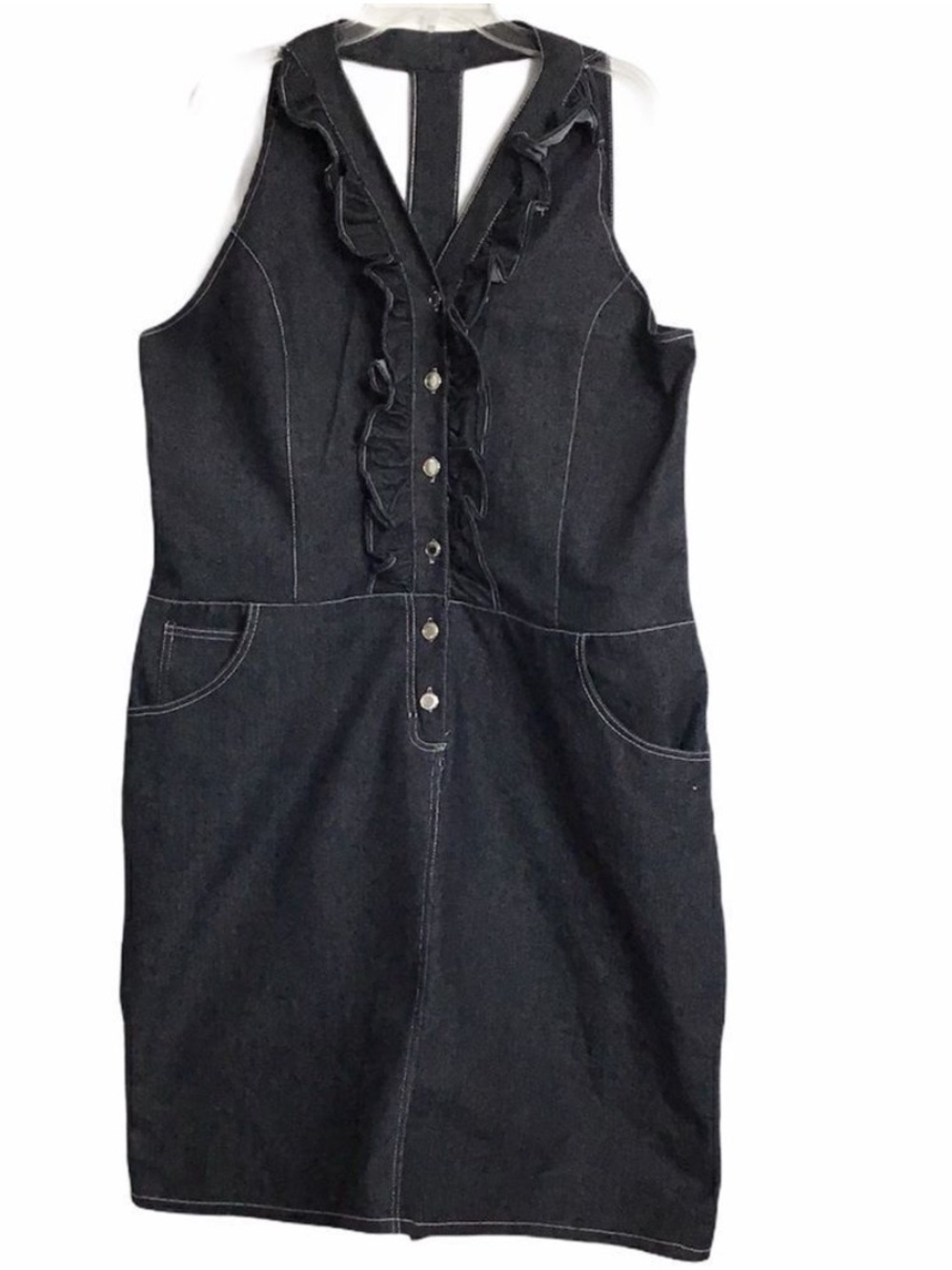 Gold Flava Blue Denim Y-Back Ruffle Trim Jean Dress Sleeveless Size 20